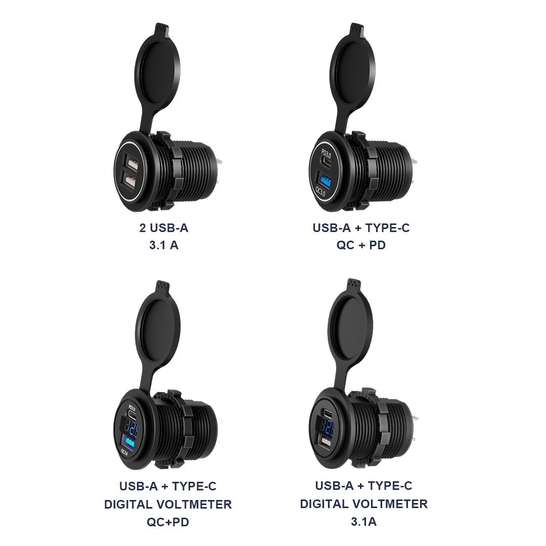 Embedded Car 12V Usbc Charger Bus Truck Caravan Usb Charger Port Double Port Qc Pd Usb Type-C Outlet Power Socket for Cell Phone
