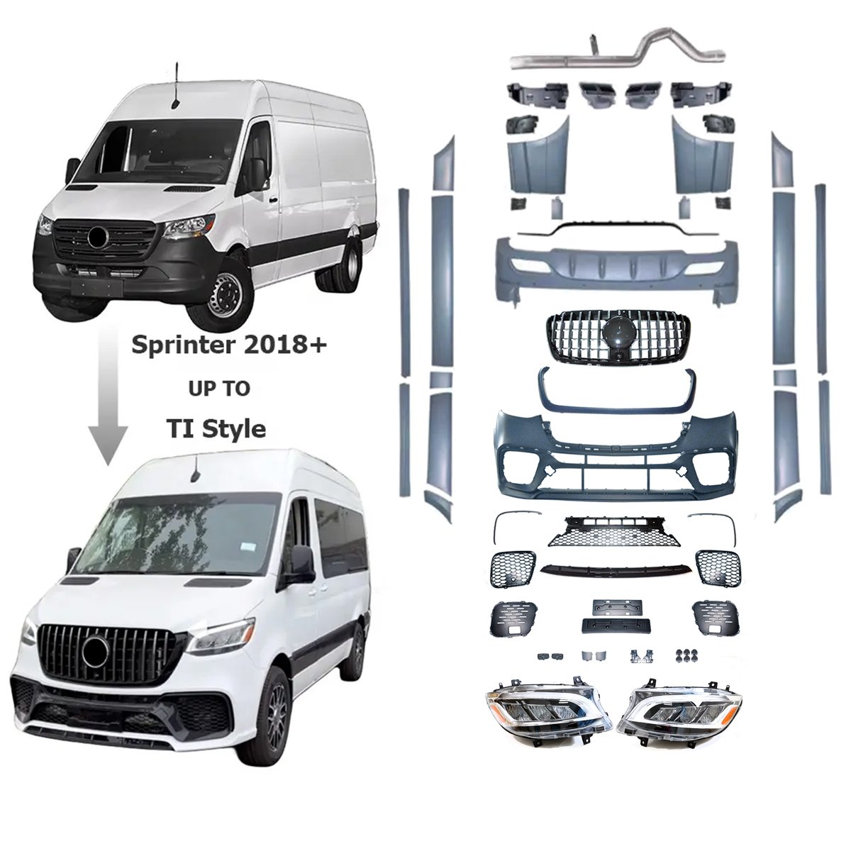 Consist of Headlights Bumpers Bodykit for Mercedes Benz Sprinter W907 2018- Long Version Change to 2024 Sport.