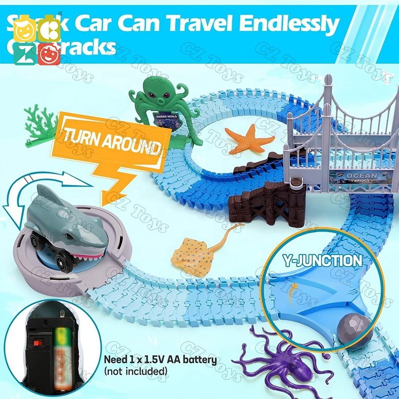 Slot Toys 183PCS Ocean Theme STEM Educational Play Set Flexible Racetrack Kids Electric Toy Race Track Shark Track Car for Gift