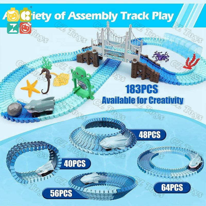 Slot Toys 183PCS Ocean Theme STEM Educational Play Set Flexible Racetrack Kids Electric Toy Race Track Shark Track Car for Gift
