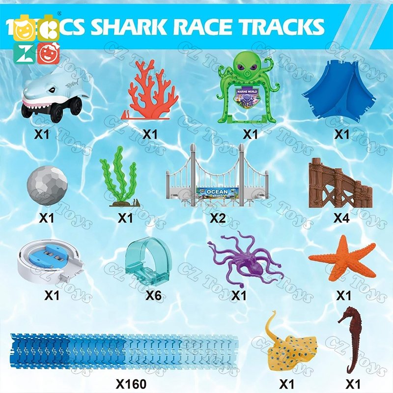 Slot Toys 183PCS Ocean Theme STEM Educational Play Set Flexible Racetrack Kids Electric Toy Race Track Shark Track Car for Gift