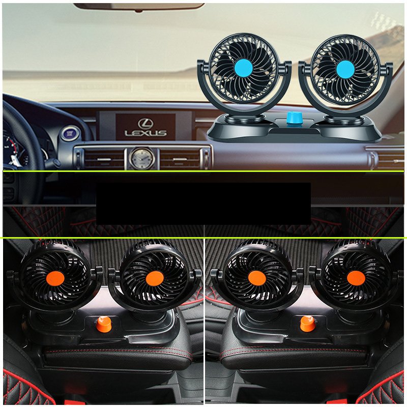 Portable Double-head Vehicle-mounted Electric Fan 12V/24V Automobile Fan General Electric Fan for Van Black Steel Zhejiang
