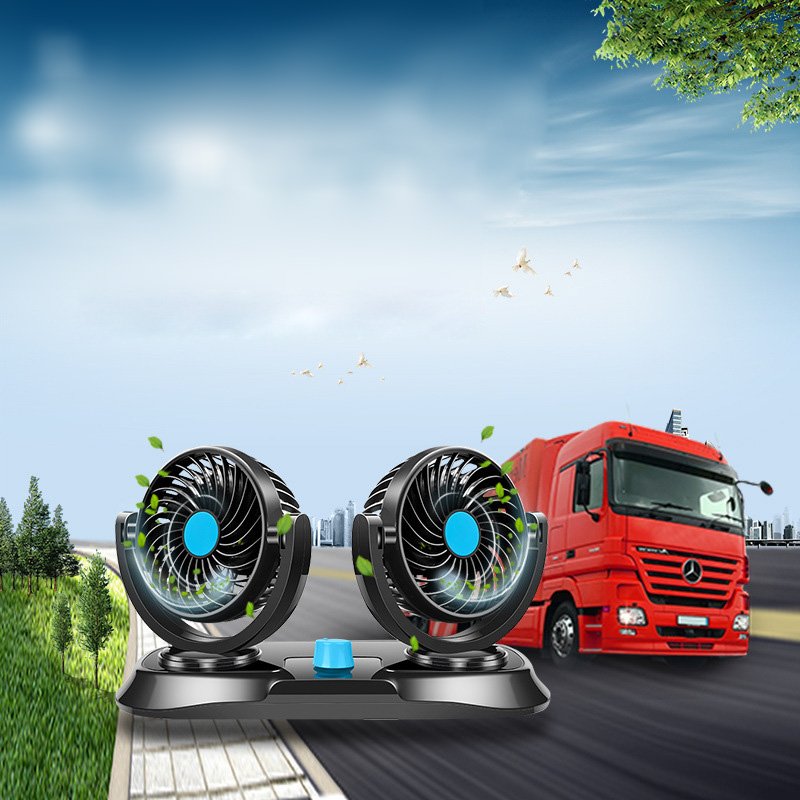 Portable Double-head Vehicle-mounted Electric Fan 12V/24V Automobile Fan General Electric Fan for Van Black Steel Zhejiang