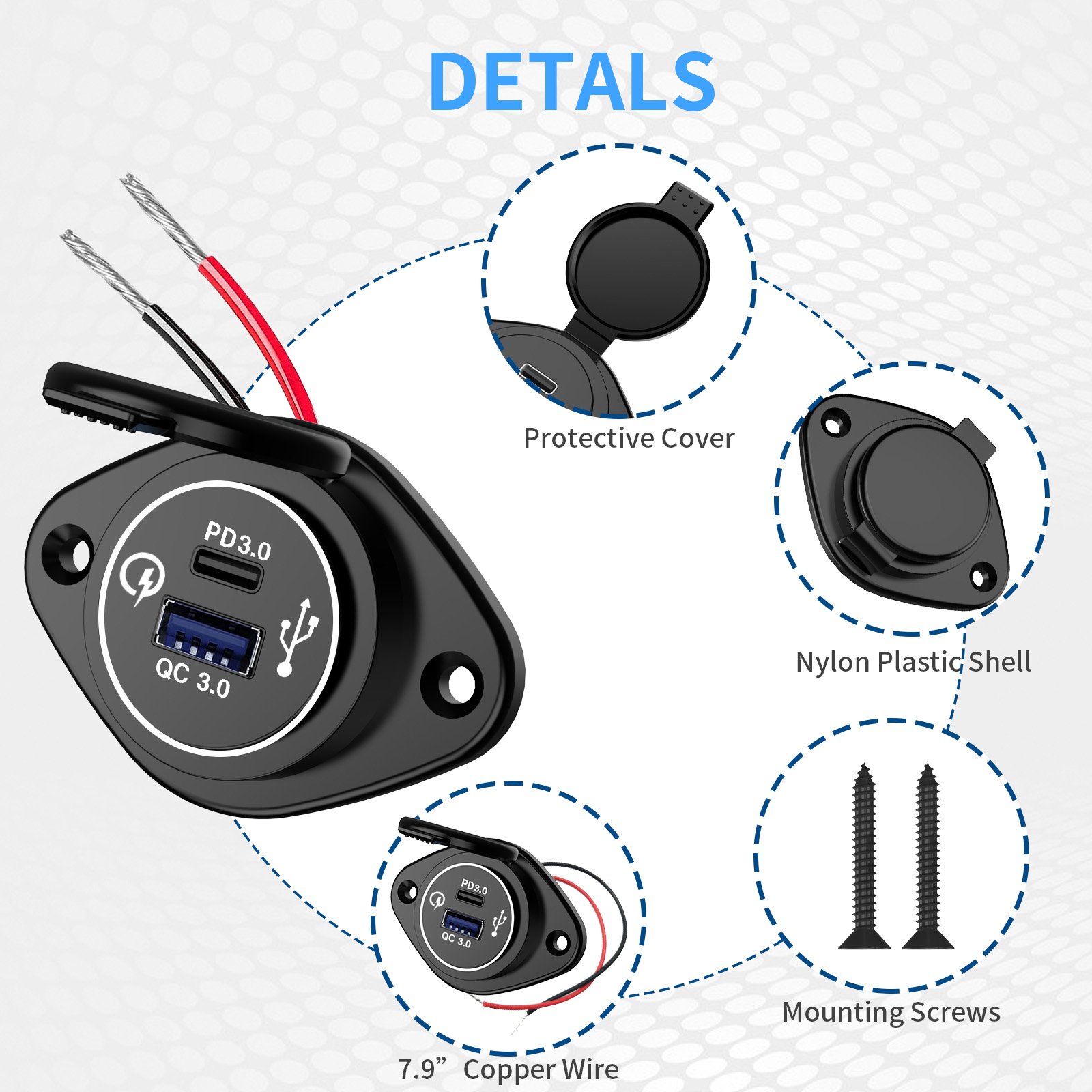 Factory Price 54W QC3.0+PD USB Wall Outlet Car Charger with Cap Mount for Cars Bus Boat RV ATV Truck Golf Cart