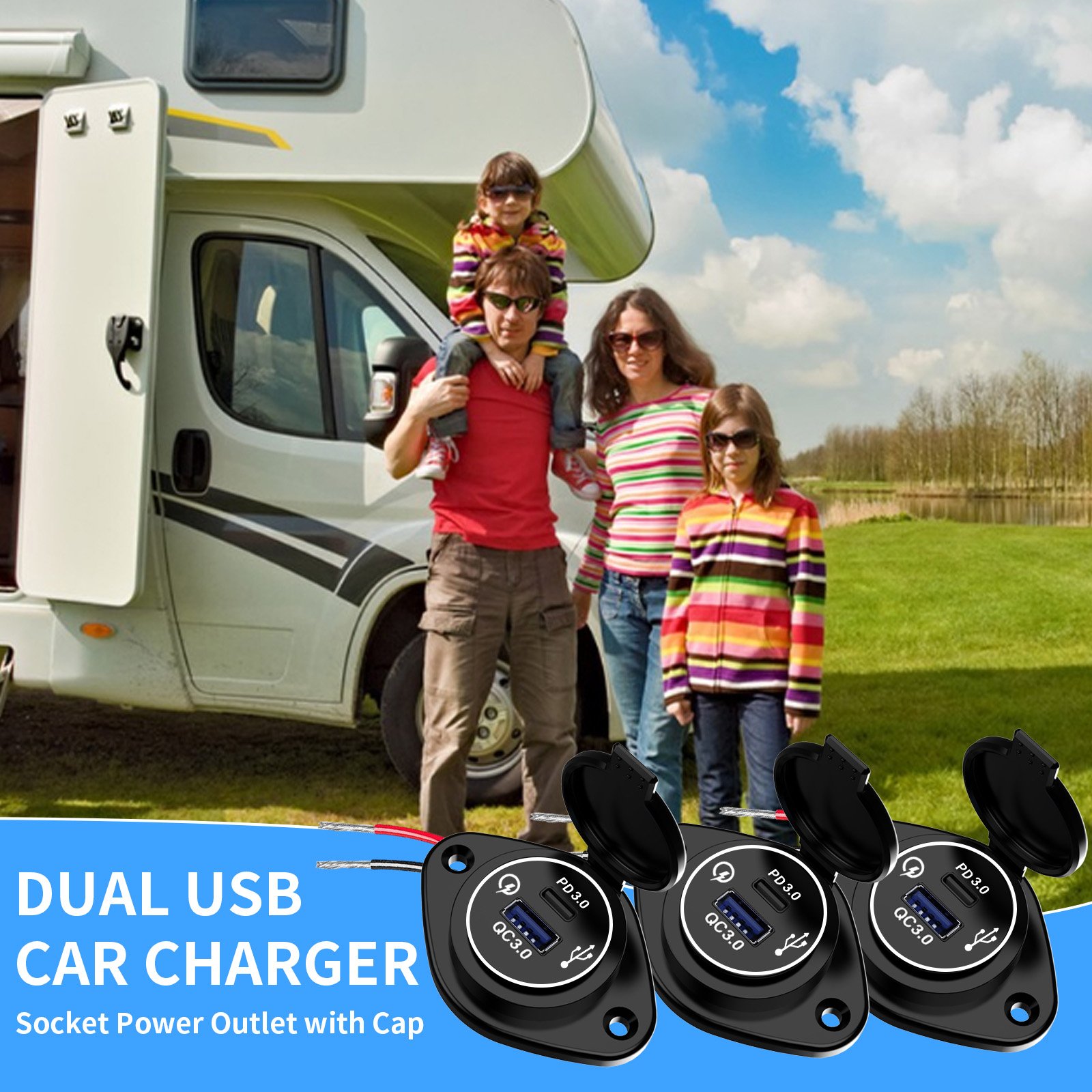 Factory Price 54W QC3.0+PD USB Wall Outlet Car Charger with Cap Mount for Cars Bus Boat RV ATV Truck Golf Cart