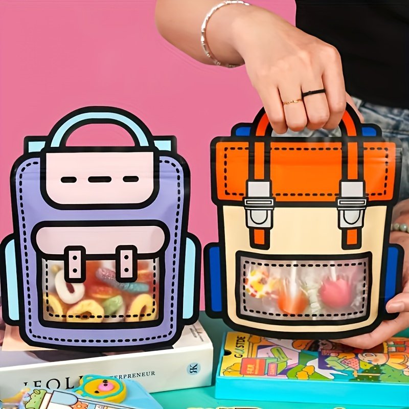 Holiday Party Favor Cartoon Printing Packaging Food Gift Portable Goodies Backpack Shaped Candy Snack Bag With Clear Window