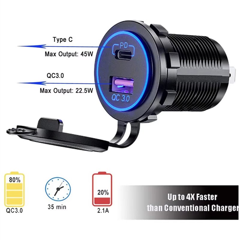 Factory Direct Sale 36W PD Type C+18W QC 3.0 Fast Charging 12V USB C Car Adapter with 2 Ports for 12-24V Models Golf Boat