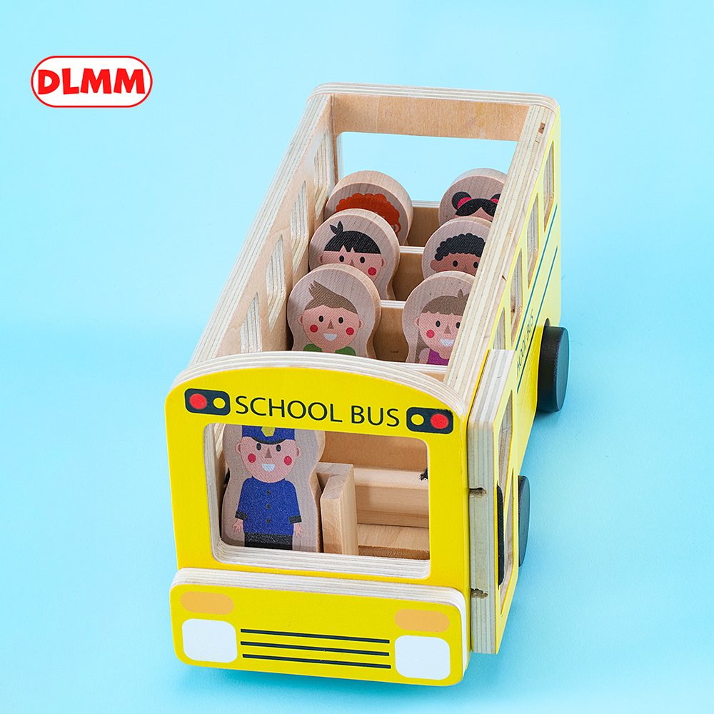 Wood School Bus for Kids DLMM Original Natural Wooden School Bus Eco-Friendly Wooden Push and Play Bus
