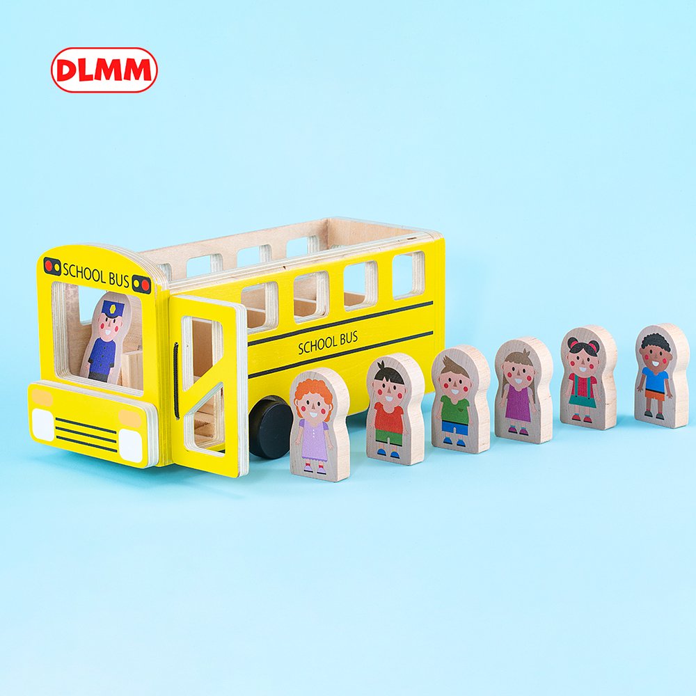 Wood School Bus for Kids DLMM Original Natural Wooden School Bus Eco-Friendly Wooden Push and Play Bus