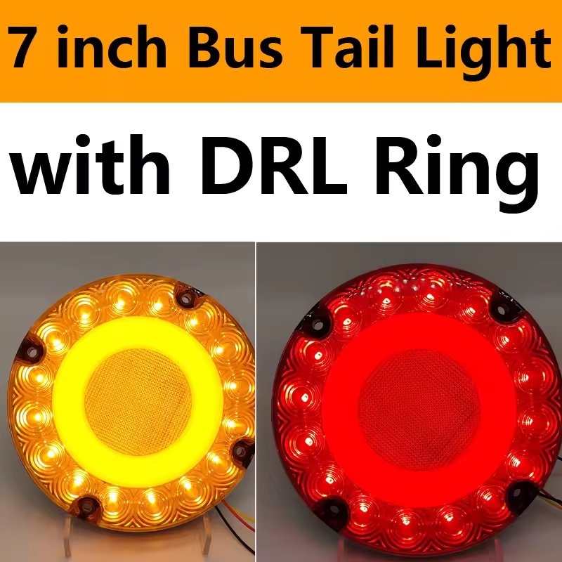 Red Amber 7 Inch Signal Lamp for School Bus Transit Vehicle Strobe LED Round Flash Turn Tail Stop Rear Brake Light with DRL Ring
