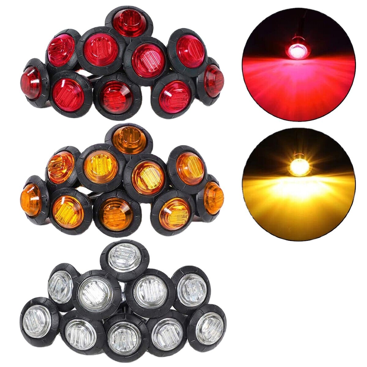 3/4" Round LED Bullet Marker Lights Front Rear Side Marker 3LED Turn Warn Light Trailer Van Truck Side Signal Light
