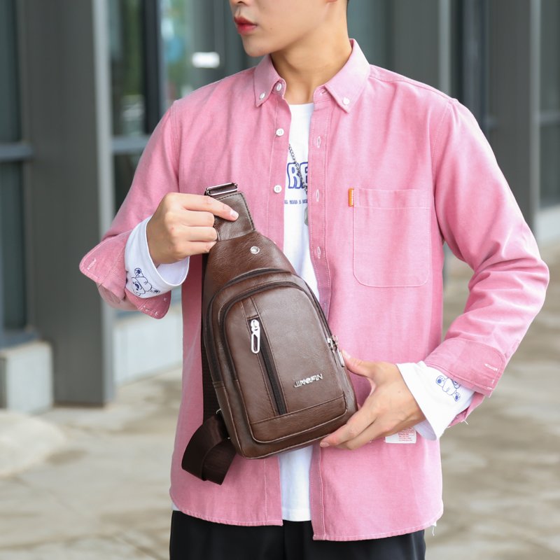 Men's chest bag PU leather crossbody bag Mobile wallet Outdoor sports sling bag Waterproof waist pack