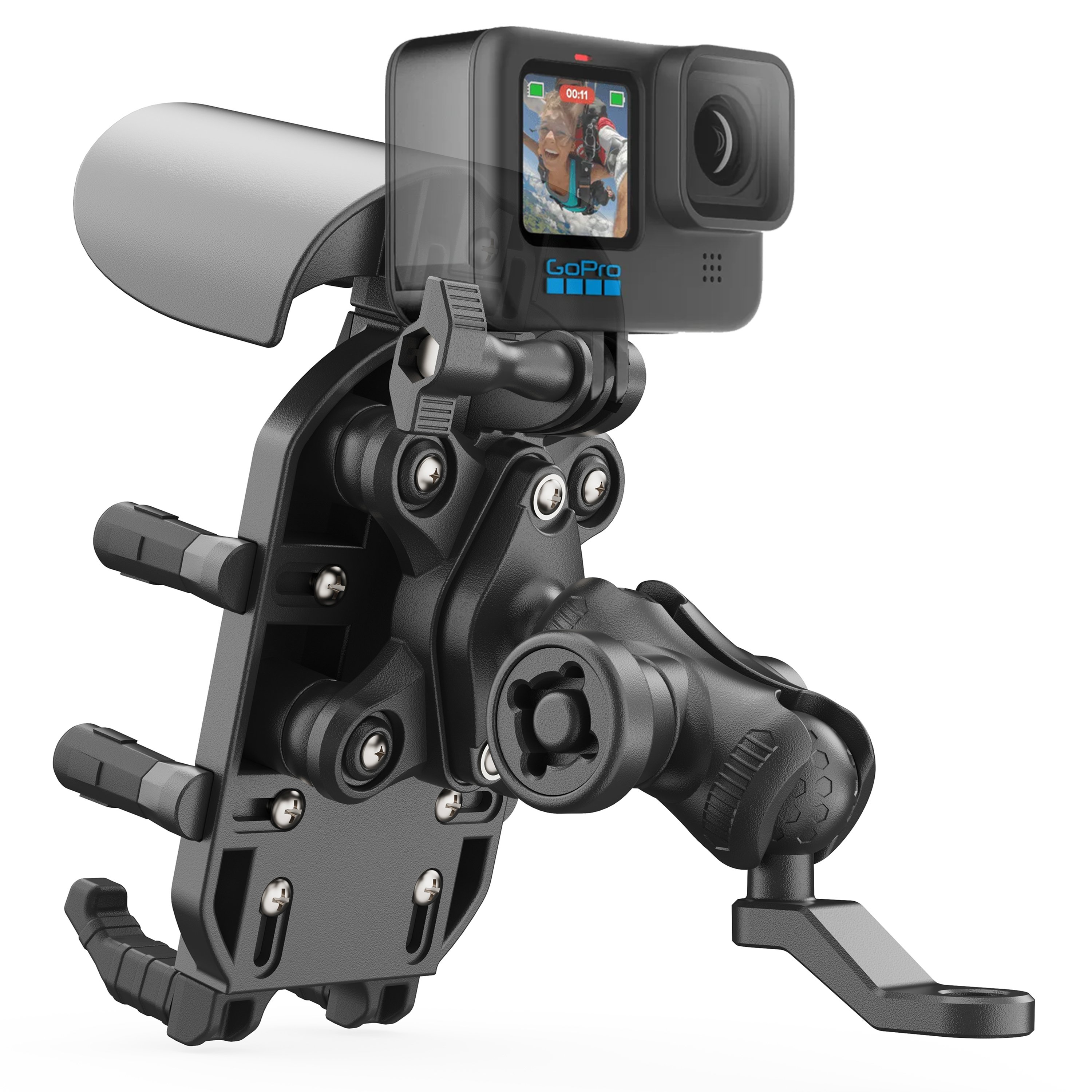 Anti-theft motorcycle phone mount with vibration damper action camera base