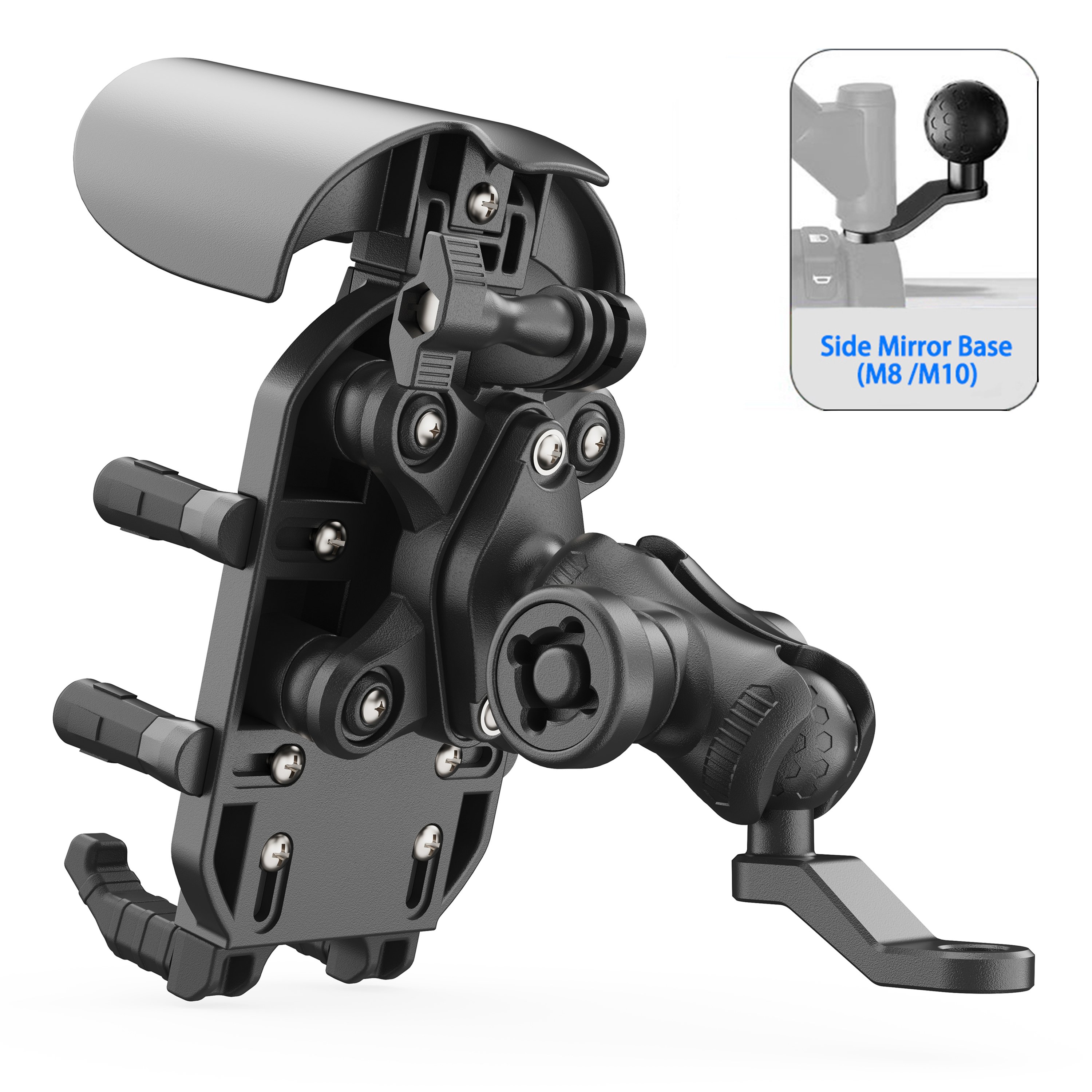 Anti-theft motorcycle phone mount with vibration damper action camera base