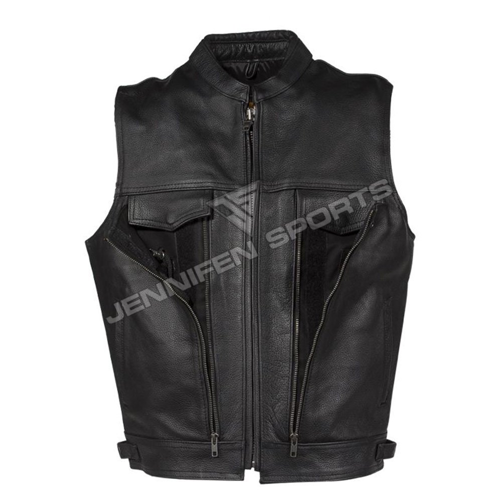 Motorcycle Leather Vest For Biker On Front Pockets&Zip Closing Also Satin Lining Used Inside Of The Vest
