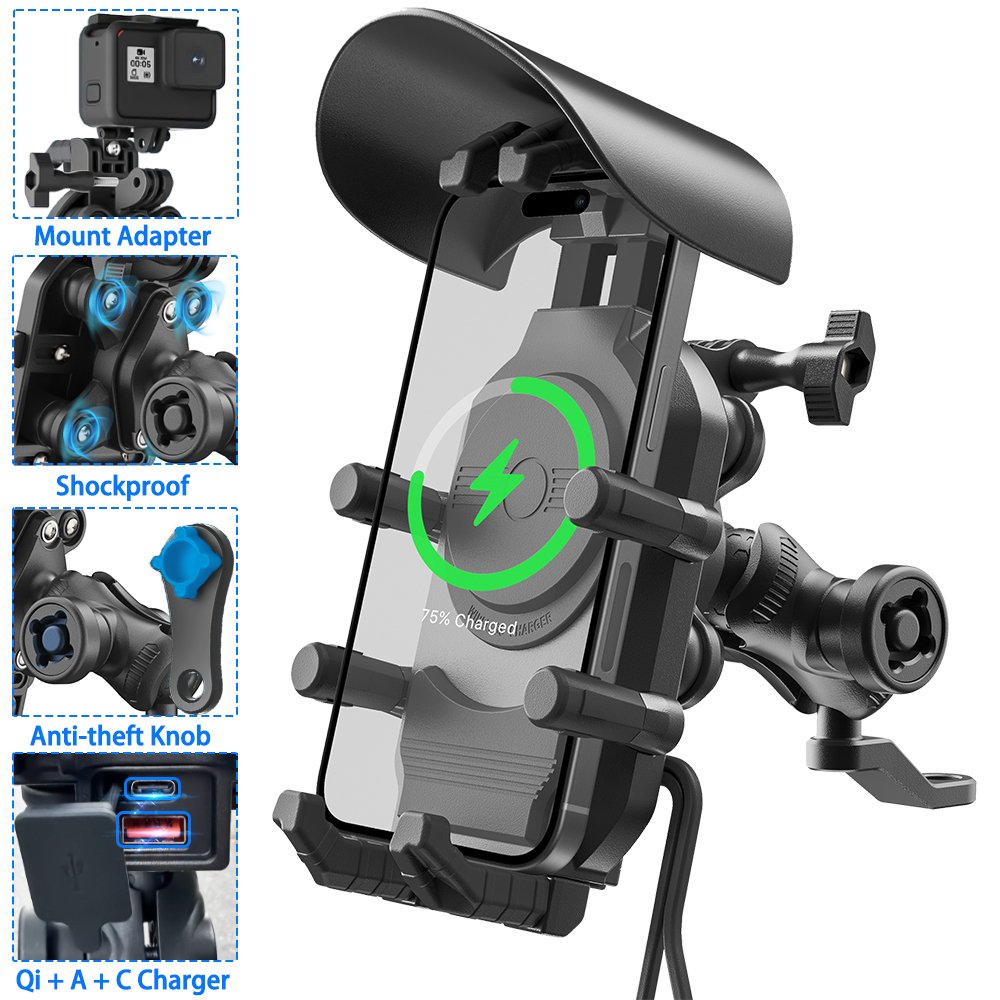 New motorcycle phone mount with wireless charger for 10V-24V motorcycle