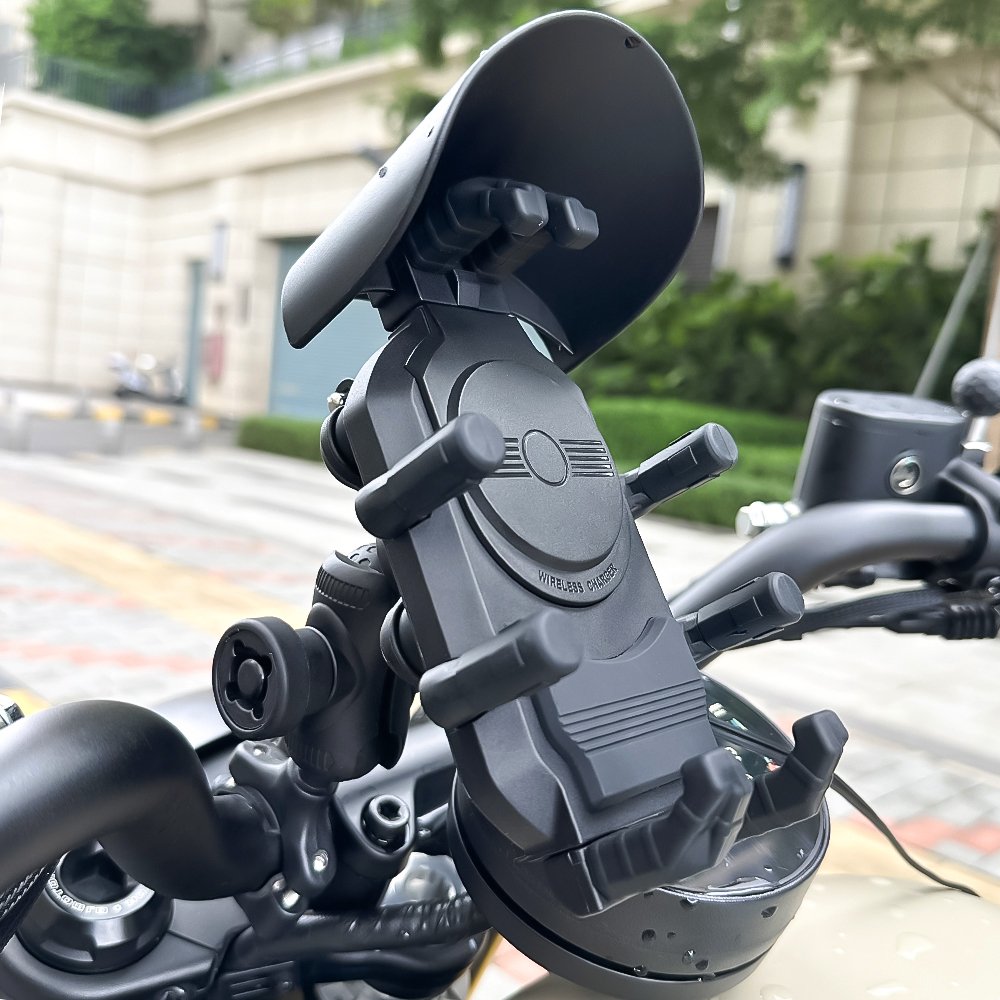 New 15W wireless phone charger motorcycle mount with sunshade hat