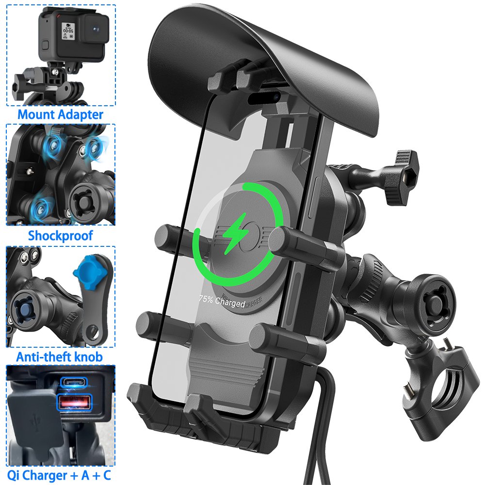 New 15W wireless phone charger motorcycle mount with sunshade hat