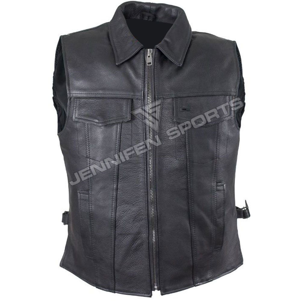 Genuine Leather Motorcycle Vest On Front Pockets Zip Closing Also Satin Lining Used Inside Of The Vest