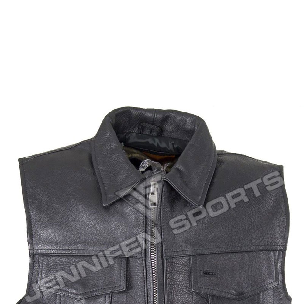 Genuine Leather Motorcycle Vest On Front Pockets Zip Closing Also Satin Lining Used Inside Of The Vest
