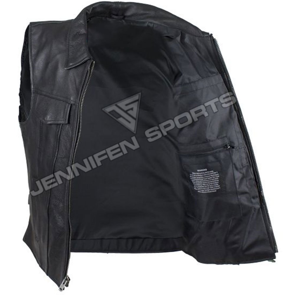 Genuine Leather Motorcycle Vest On Front Pockets Zip Closing Also Satin Lining Used Inside Of The Vest