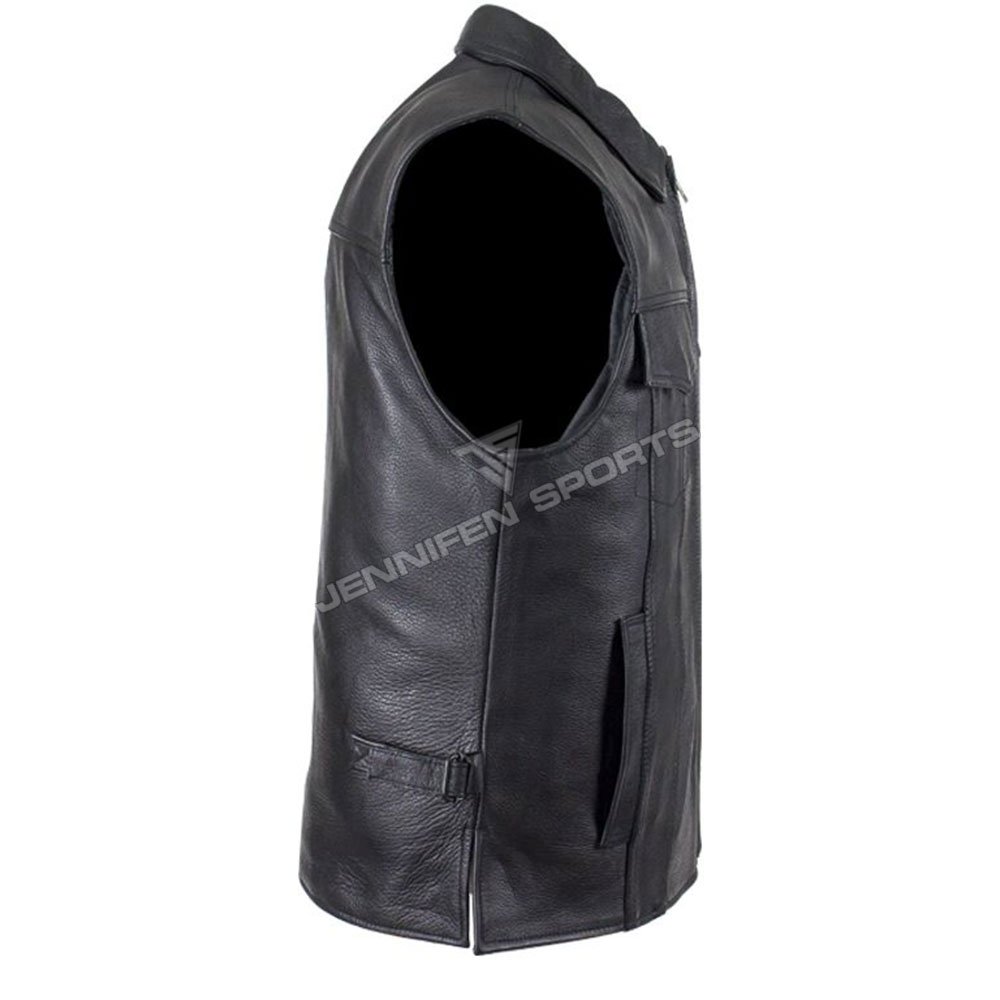 Genuine Leather Motorcycle Vest On Front Pockets Zip Closing Also Satin Lining Used Inside Of The Vest