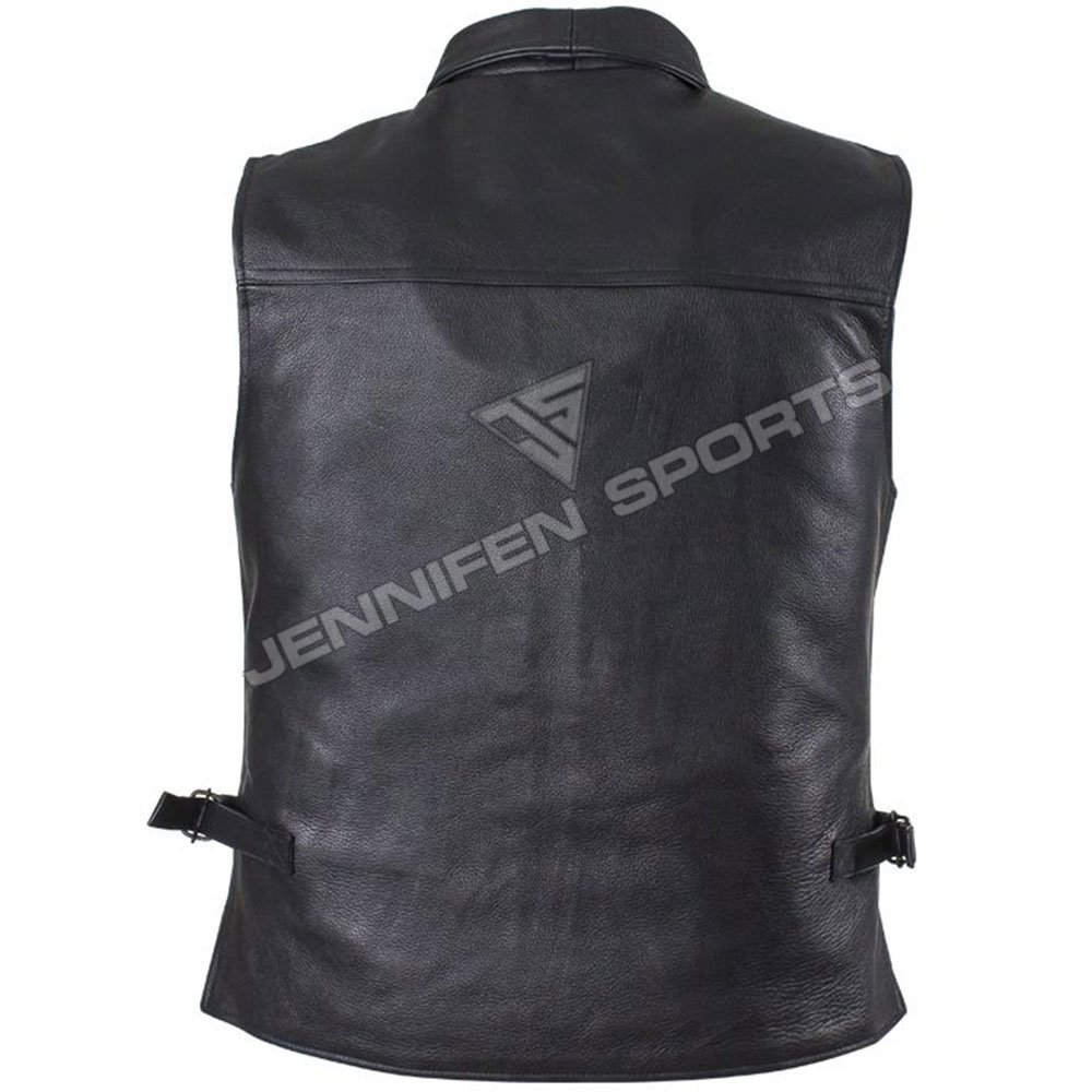 Genuine Leather Motorcycle Vest On Front Pockets Zip Closing Also Satin Lining Used Inside Of The Vest