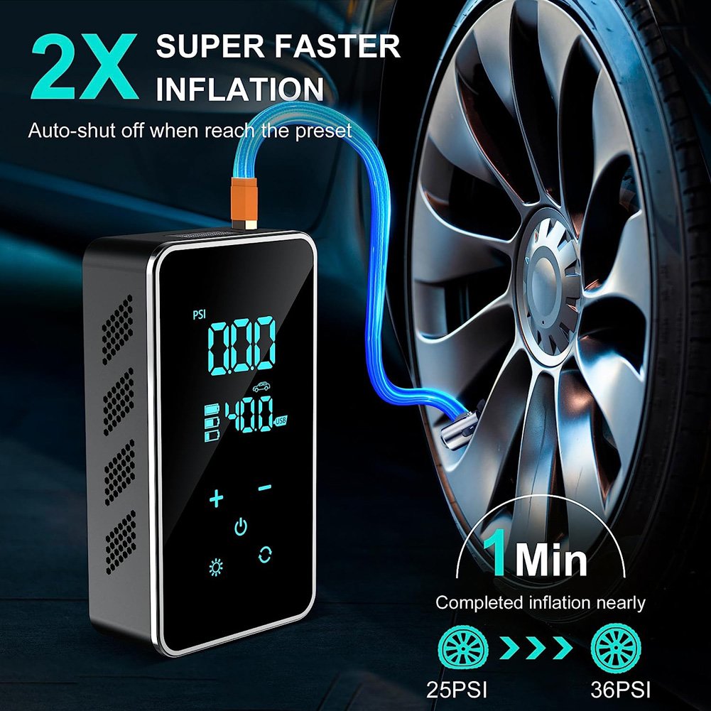 150PSI Rechargeable Tire Inflator 19mm Full Touch Screen Air Compressor for Car Tire Air Pump Auto Stop