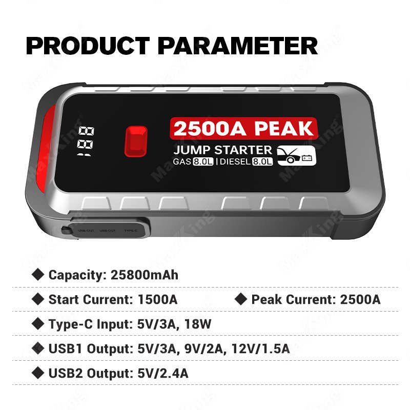 Peak Current 2500A 25800mAh 12V/24V car with LED lights used for car jumper starter