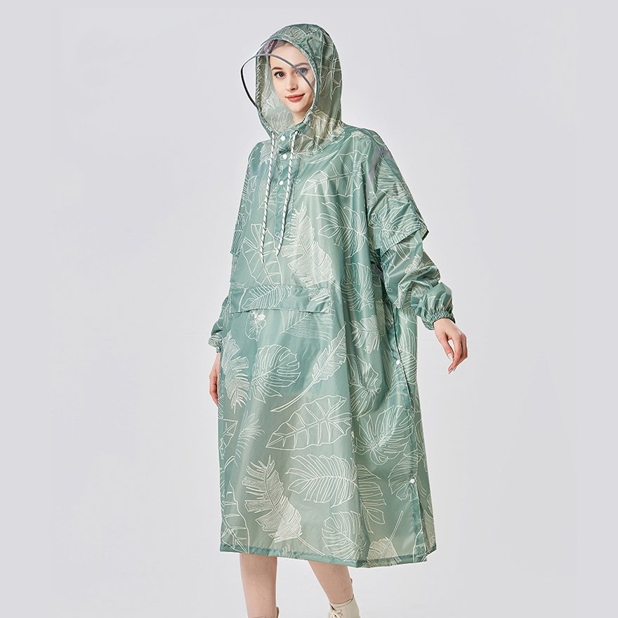 Customized polyester adult long raincoat outdoor hiking ride multi-functional reflective poncho raincoat with chinstrap pocket