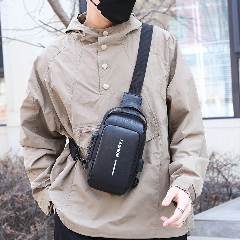 New PU men's single shoulder crossbody bag Anti-theft password lock chest bag Waterproof with USB port i motorcycle bag