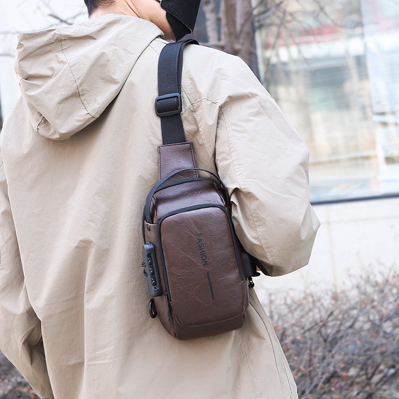New PU men's single shoulder crossbody bag Anti-theft password lock chest bag Waterproof with USB port i motorcycle bag