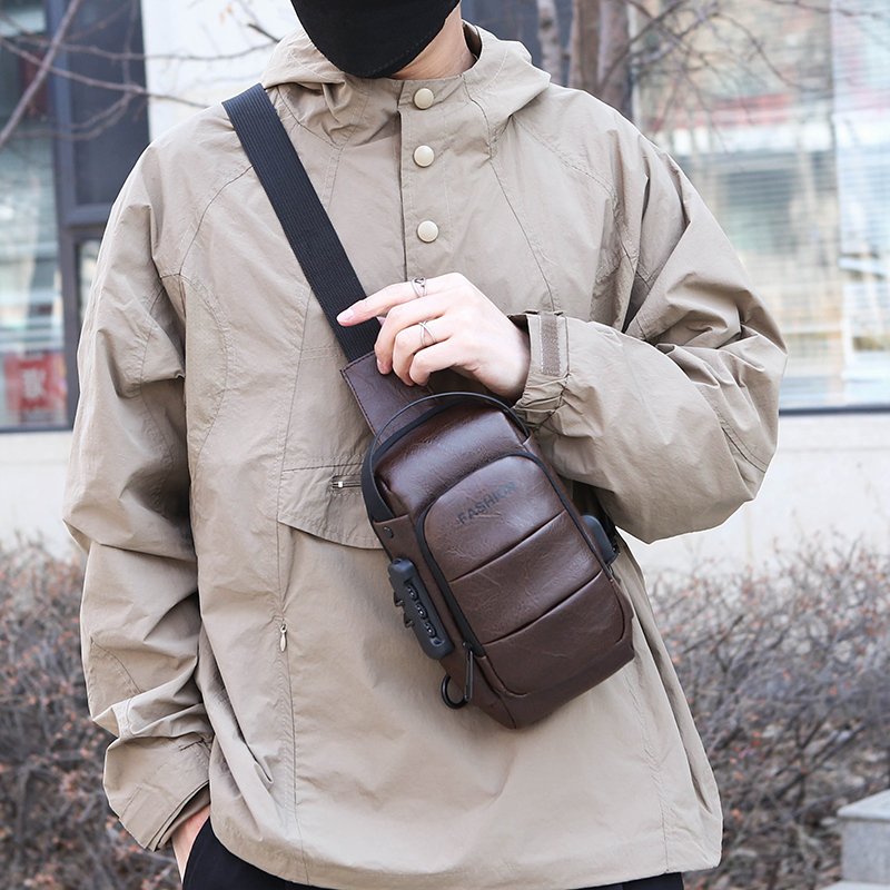 New PU men's single shoulder crossbody bag Anti-theft password lock chest bag Waterproof with USB port i motorcycle bag