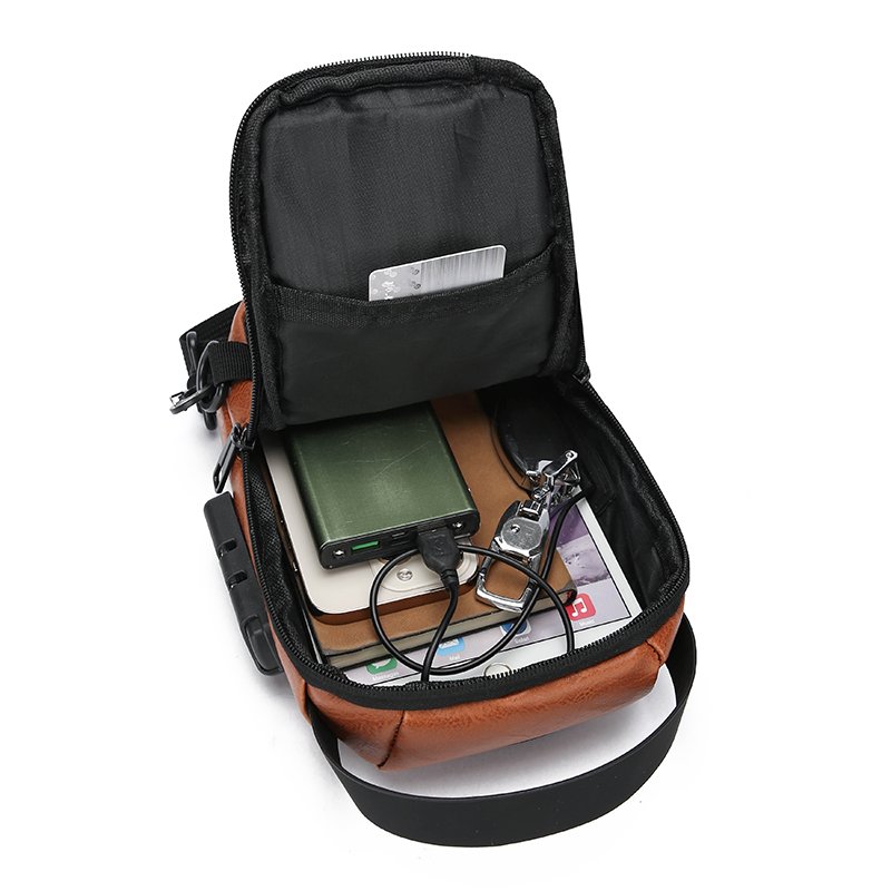 New PU men's single shoulder crossbody bag Anti-theft password lock chest bag Waterproof with USB port i motorcycle bag