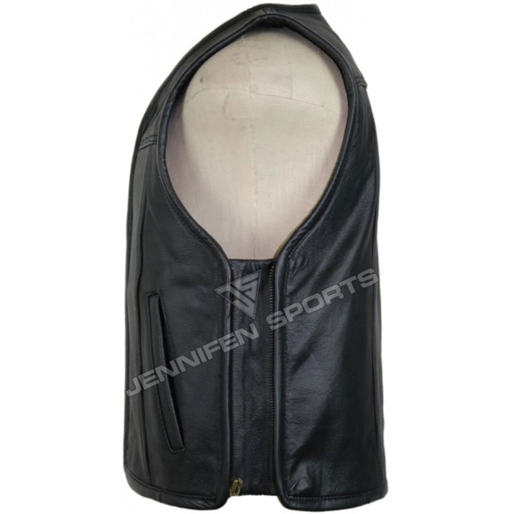 Motorcycle Cowhide Leather Vest With Pockets On Front Genuine ZIp On Front&Both Sides Also Satin Lining Used Inside Vest