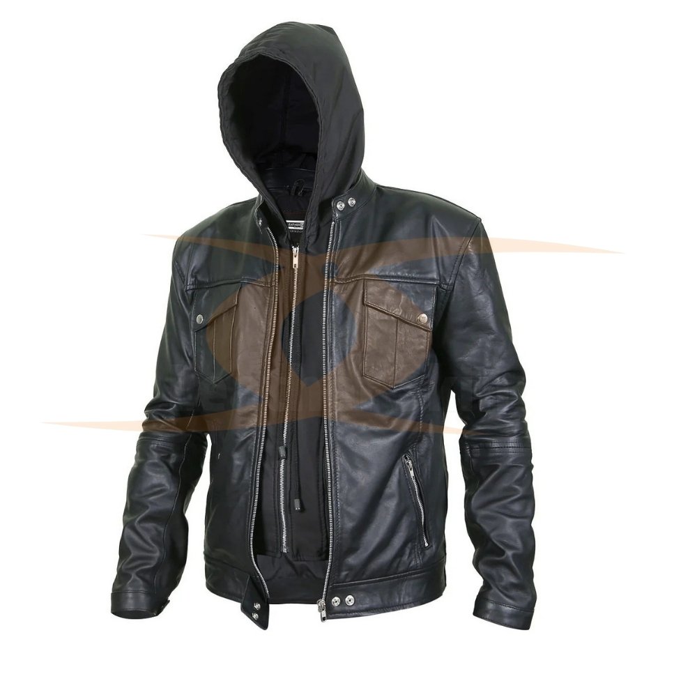 Summer Real Leather Riding Jacket for Men Long Sleeve Black Motorcycle & Auto Racing Wear with Customized jacket with cap