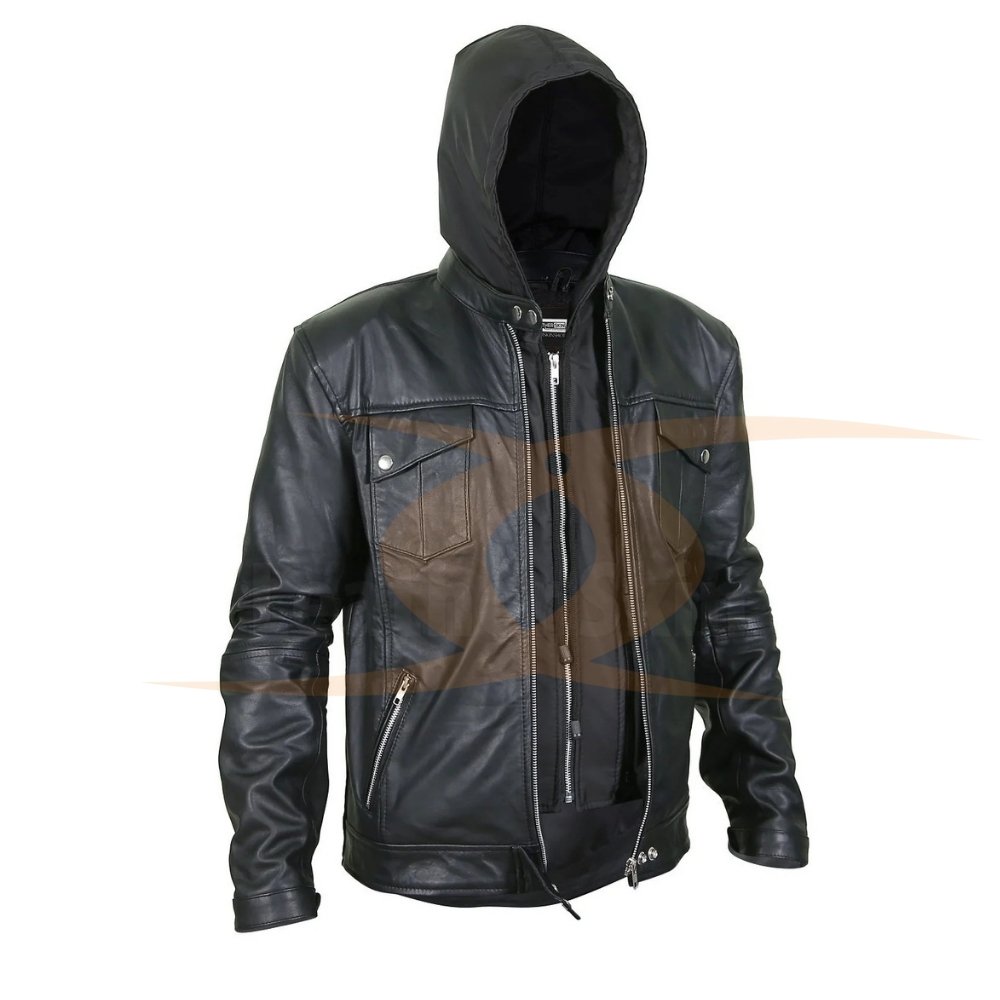 Summer Real Leather Riding Jacket for Men Long Sleeve Black Motorcycle & Auto Racing Wear with Customized jacket with cap