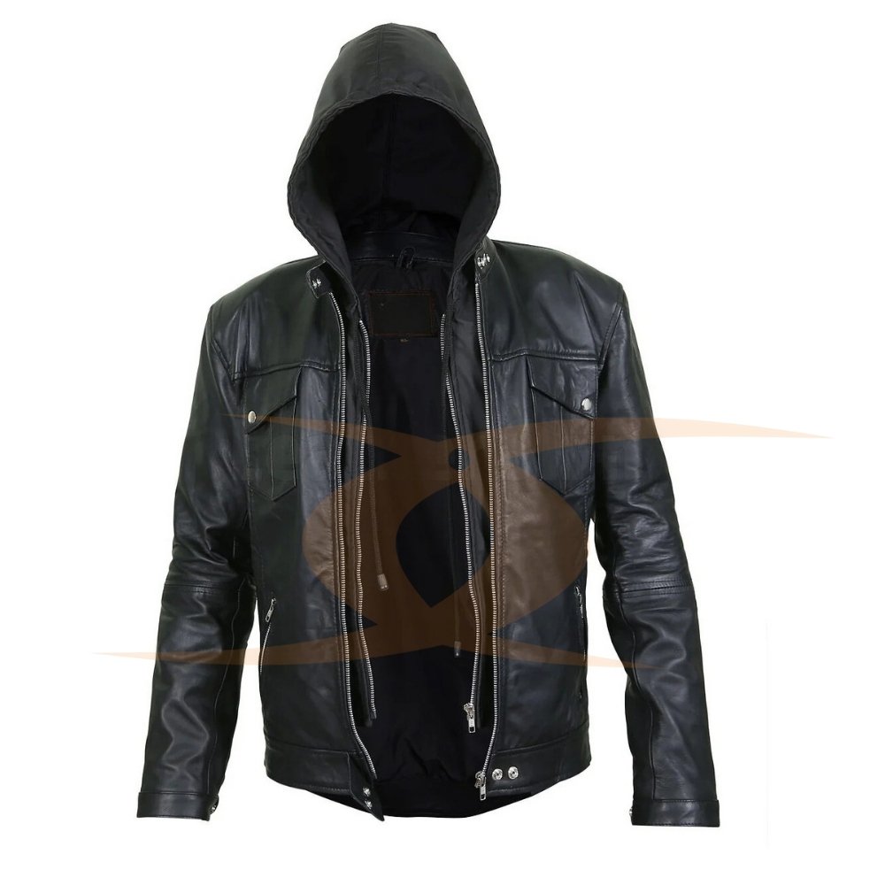 Summer Real Leather Riding Jacket for Men Long Sleeve Black Motorcycle & Auto Racing Wear with Customized jacket with cap
