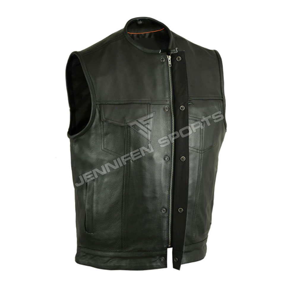 Motorcycle Leather Vest Pockets on Front With Zip&Press Buttons Also Inside Satin Lining Used In The Vest
