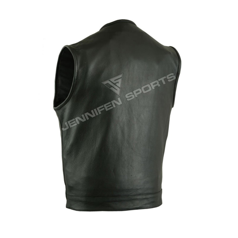 Motorcycle Leather Vest Pockets on Front With Zip&Press Buttons Also Inside Satin Lining Used In The Vest