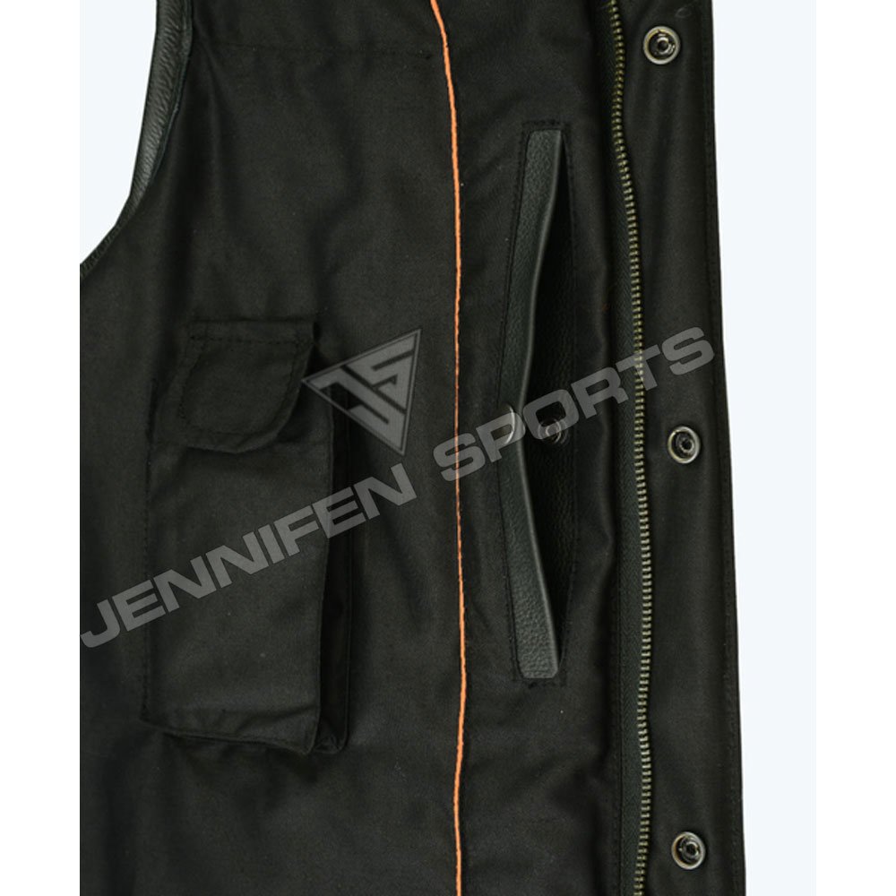 Motorcycle Leather Vest Pockets on Front With Zip&Press Buttons Also Inside Satin Lining Used In The Vest