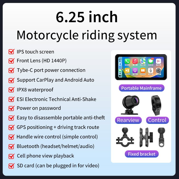 IPX8 Waterproof 6.25 inch Universal Motorcycle Navigation Gps with Carplay 2K HD Screen Wireless Android Auto for apple carplay