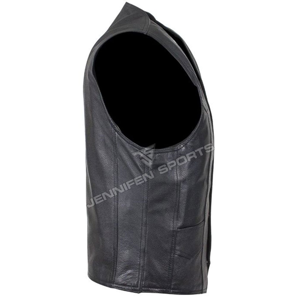 Custom Leather Motorcycle Vest On Front Pockets Buttons Closing Also Satin Lining Used Inside Of The Vest