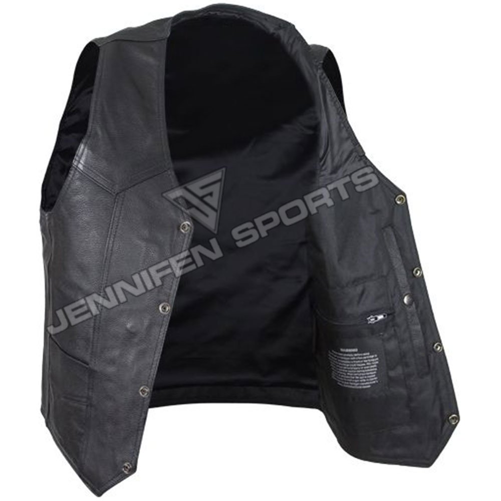 Custom Leather Motorcycle Vest On Front Pockets Buttons Closing Also Satin Lining Used Inside Of The Vest