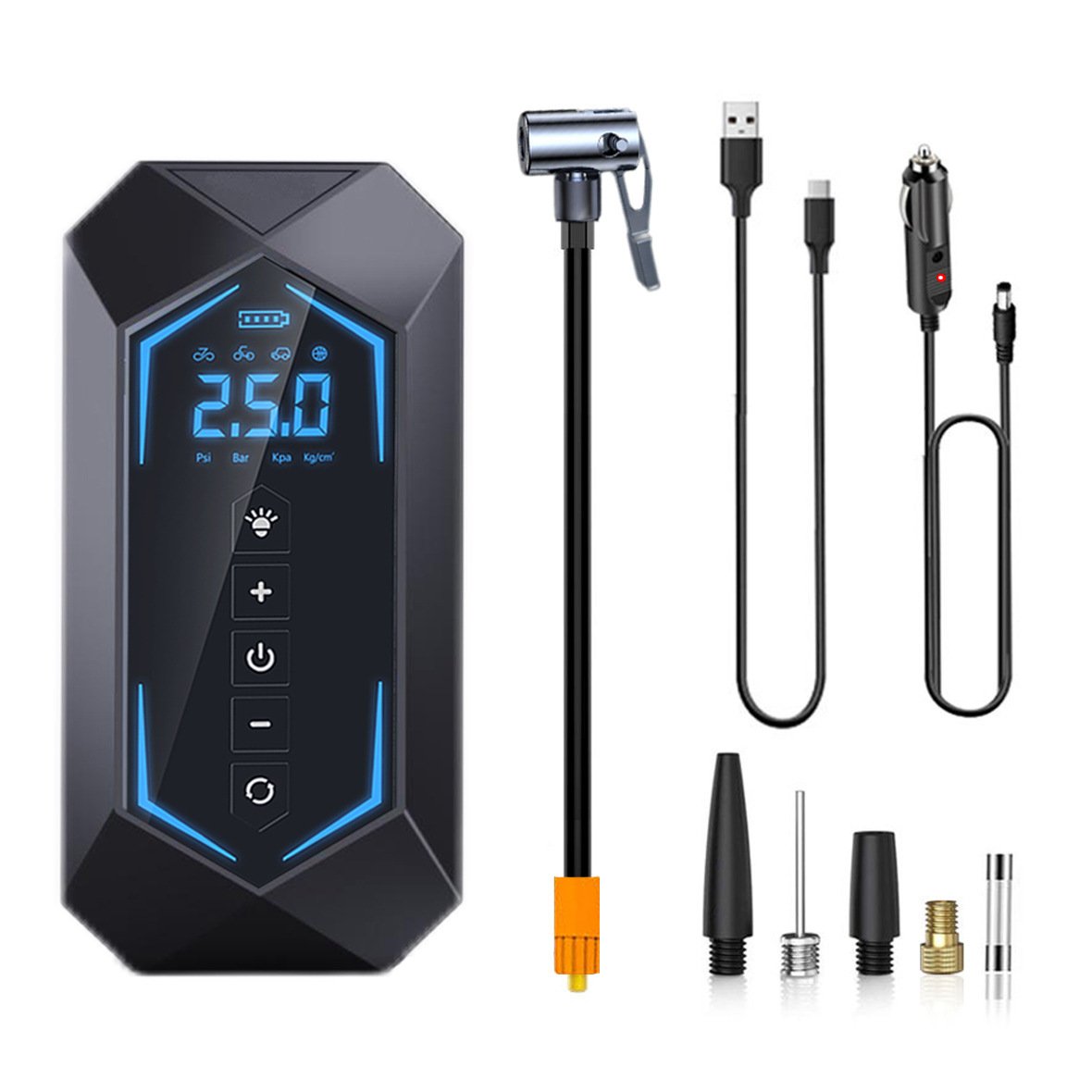 Dual Power Portable Air Compressor Wireless Automobile Air Pump 22mm 6000mAh Rechargeable Battery LED Light