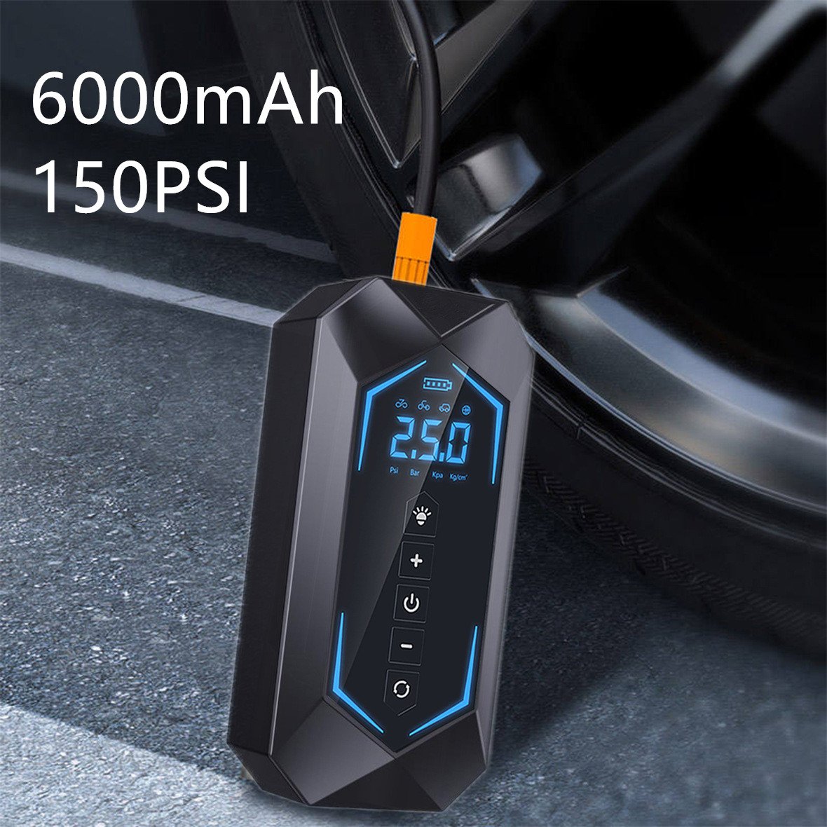 Dual Power Portable Air Compressor Wireless Automobile Air Pump 22mm 6000mAh Rechargeable Battery LED Light