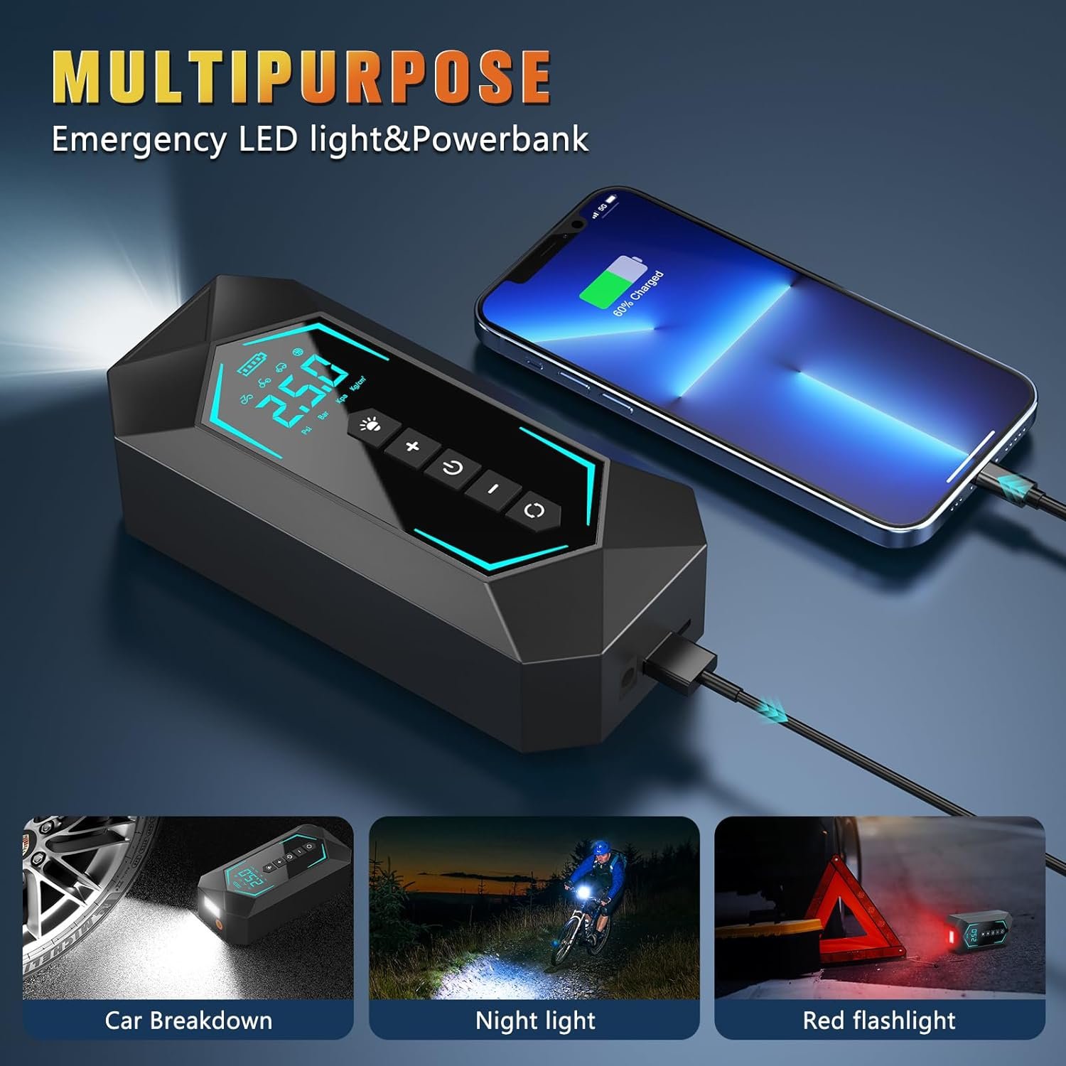 Dual Power Portable Air Compressor Wireless Automobile Air Pump 22mm 6000mAh Rechargeable Battery LED Light