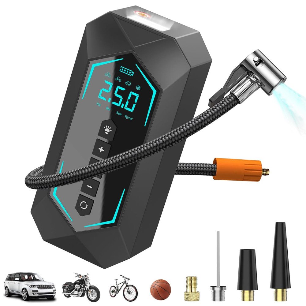 Dual Power Portable Air Compressor Wireless Automobile Air Pump 22mm 6000mAh Rechargeable Battery LED Light