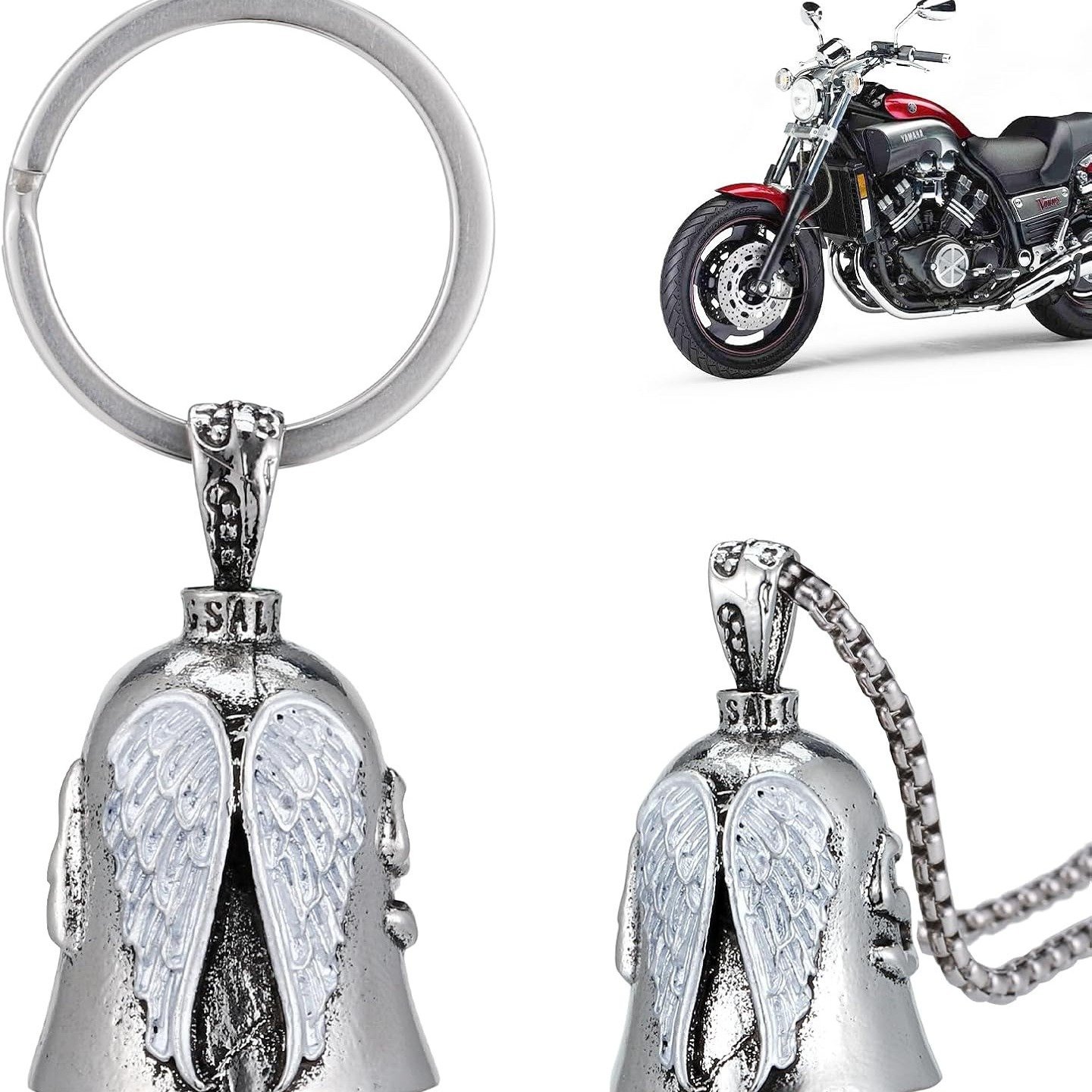 Car Biker Guardian Luck Riding Bell Pendant Motorcycle Gremlin Bell Hanger Skeleton Feather Wings Angel Keychain Necklace