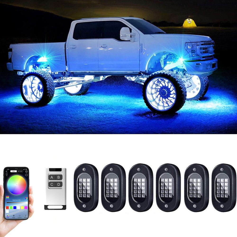 New Trending In Stock 12V Waterproof IP68 APP/RF Control Car Underglow Ambient Lights 6 Pods LED Rock Lights for Truck SUV